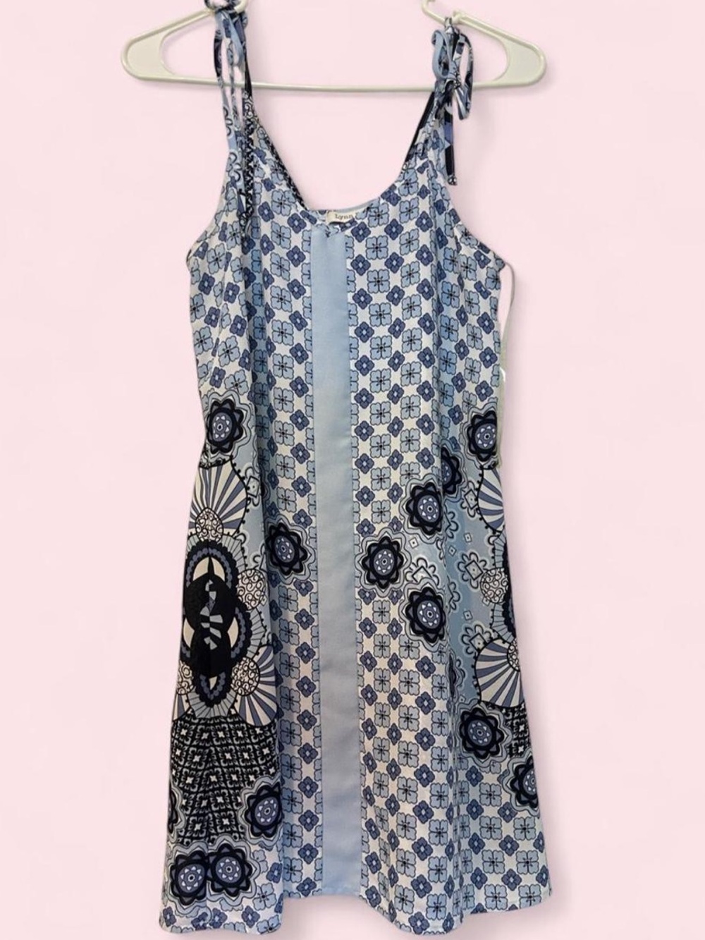 Light Blue Patterned Tie-Shoulder Midi Dress